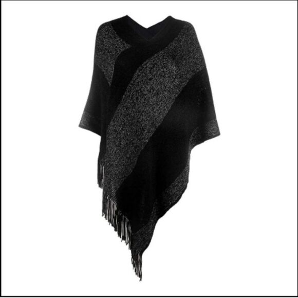 Knitted Shawl with Fringed V-Neck Striped Sweater Pullover Faux Cashmere - Picture 1 of 6